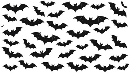 Black bat silhouettes in various sizes, spread across a white backdrop, creating a festive, spooky atmosphere