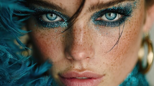 Close-up of a woman with striking teal eye makeup and freckles.
