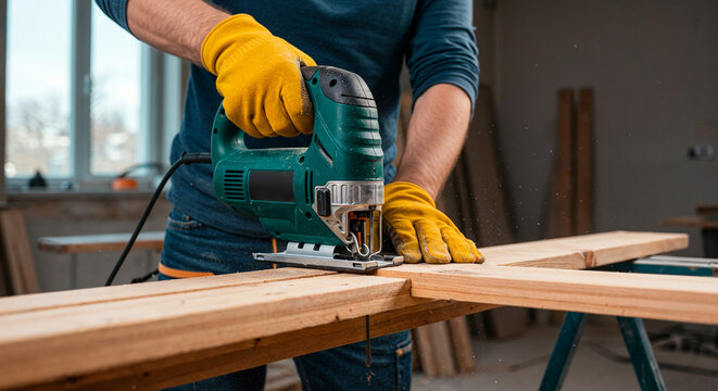 Worker using electric jigsaw to cut wooden boards in carpentry workshop