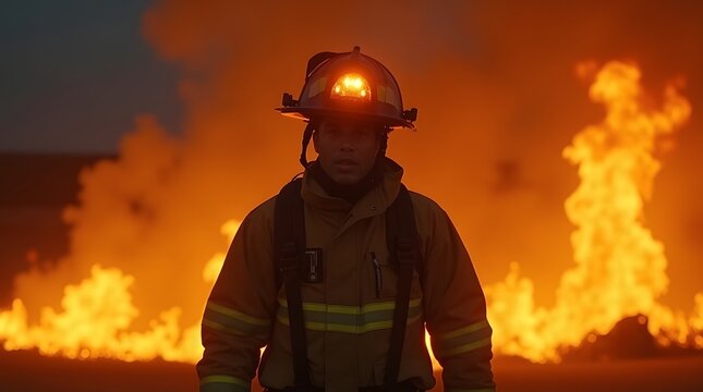 Brave firefighter in protective gear standing in front of blazing fire