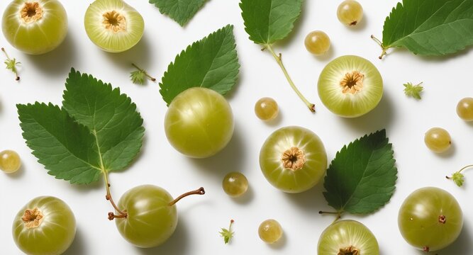 Fresh gooseberry fruits on white background. Top view