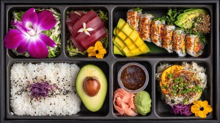 Elaborate meal arrangement featuring various fresh ingredients presented in compartmentalized dark tray