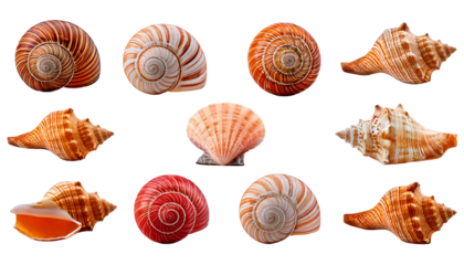 Collection of Nine Assorted Seashells with Spiral Patterns and Textures, isolated on a white.png