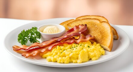 A delicious and hearty breakfast plate featuring perfectly cooked scrambled eggs crispy bacon strips golden brown toast and a small dish of butter garnished with fresh parsley