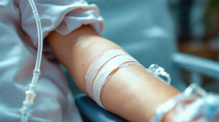 Close up of patient receiving intravenous therapy during medical treatment