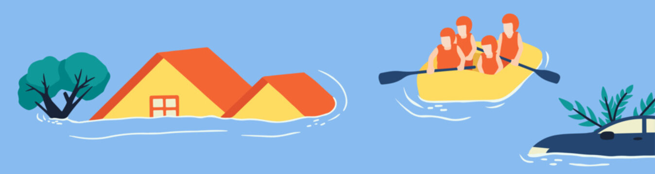 House floods and car with boat rescue. Vector illustration of flooding, natural disaster