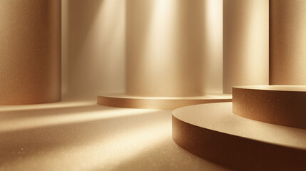 A series of cylindrical structures and circular platforms are arranged in a well-lit space. The surfaces reflect light softly, creating a warm, inviting atmosphere. Shadows enhance the depth and