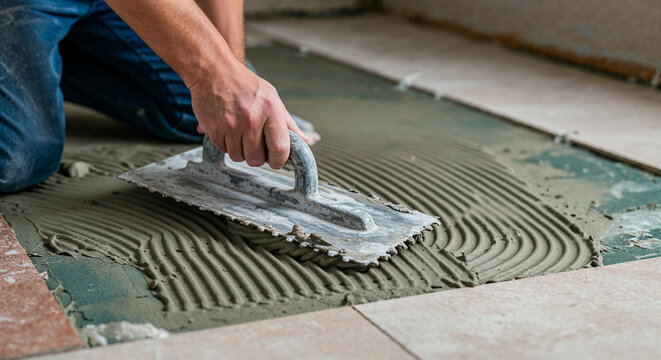 Professional tiler spreading tile adhesive mortar with notched trowel on floor