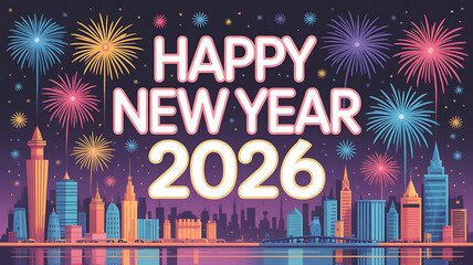 Happy New Year 2026 with colorful fireworks and city skyline at night buildings celebration