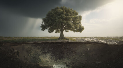 A lone tree stands above ground, with an intricate network of roots extending deep into the soil. Dark clouds loom overhead, contrasting with the light illuminating the tree, creating a striking