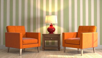 Warm interior scene featuring two orange armchairs symmetrically placed on either side of a wooden side table. A red ceramic lamp with a white shade casts ambient light, enhancing the cozy atmosphere.