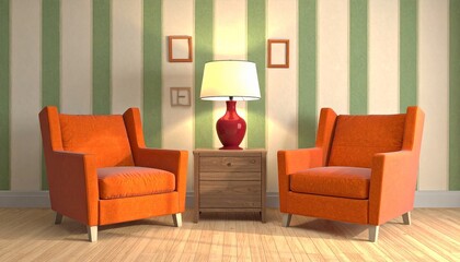 Warm interior scene featuring two orange armchairs symmetrically placed on either side of a wooden side table. A red ceramic lamp with a white shade casts ambient light, enhancing the cozy atmosphere.