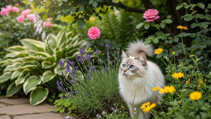 A fluffy siamese cat with striking blue eyes explores a vibrant summer garden filled with blooming