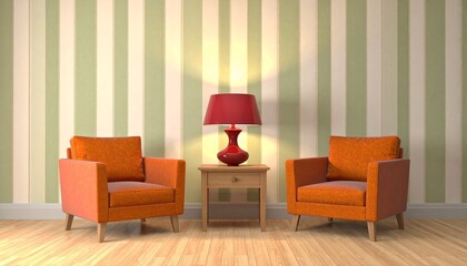 Warm interior scene featuring two orange armchairs symmetrically placed on either side of a wooden side table. A red ceramic lamp with a white shade casts ambient light, enhancing the cozy atmosphere.