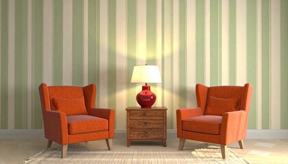Warm interior scene featuring two orange armchairs symmetrically placed on either side of a wooden side table. A red ceramic lamp with a white shade casts ambient light, enhancing the cozy atmosphere.