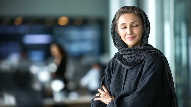 Confident mature professional in contemporary office environment faceless Middle Eastern woman defocused mod