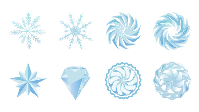 Collection of abstract ice and snowflake designs with a blue gradient