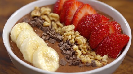 Rich chocolate smoothie bowl topped with fresh fruit and nuts presents a healthy breakfast