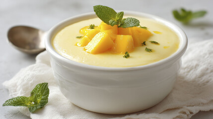 Mango pudding is placed in a white bowl, featuring diced mango on top and a sprig of mint for decoration. A spoon nearby and a soft cloth underneath enhance the simple, elegant presentation.