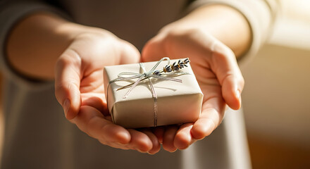 Hands holding a small wrapped gift with ribbon and sprig transparent background