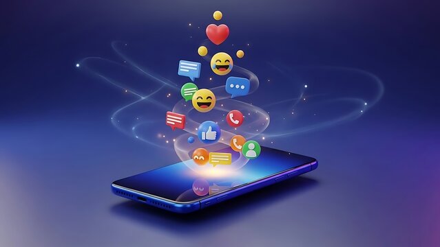 Smartphone with social media icons and emojis emerging from screen - Powered by Adobe