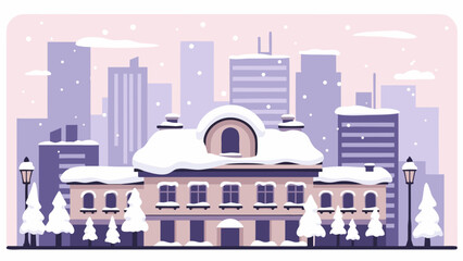 Obraz premium Charming flat illustration of a snow-covered building in a city during winter