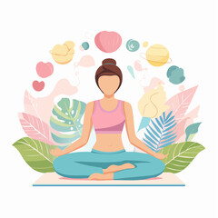 Illustration vectorielle bien‑&ecirc;tre, formes plates douces, silhouettes humaines abstraites, palette pastel, style minimaliste zen, m&eacute;ditation, yoga.
