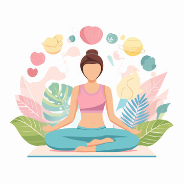 Illustration vectorielle bien‑&ecirc;tre, formes plates douces, silhouettes humaines abstraites, palette pastel, style minimaliste zen, m&eacute;ditation, yoga.
