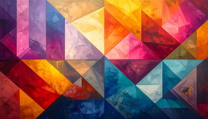 A vibrant abstract composition with geometric shapes and a rich spectrum of colors. The artwork showcases triangles and squares blended