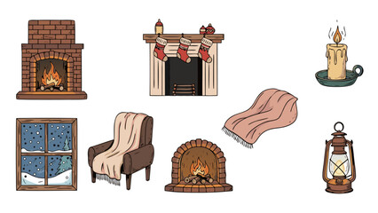 Cozy winter elements including fireplaces, armchair, window, and candle for a warm atmosphere