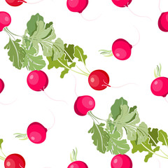 Radishes. Seamless pattern on white. Vector food background. Perfect for design templates, wallpaper, wrapping, fabric, print and textile.