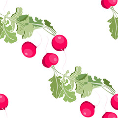 Radishes. Seamless pattern on white. Vector food background. Diagonal composition. Perfect for design templates, wallpaper, wrapping, fabric, print and textile.