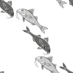 Red mullet on white background. Art seamless pattern. Vector. Perfect for design templates, wallpaper, wrapping, fabric, print and textile. Black silhouettes and contours on white.