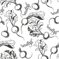 Radishes and hand-drawn lettering. Seamless pattern on white. Vector art food background. Black and white. Perfect for design templates, wallpaper, wrapping, fabric, print and textile.