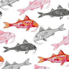 Red mullet on white background. Art seamless pattern. Vector. Perfect for design templates, wallpaper, wrapping, fabric, print and textile. Black and colored on white.