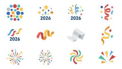 New Year 2026 celebration icons with confetti, fireworks, and streamers