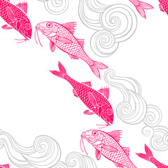 Red mullet and waves on white background. Art seamless pattern. Vector. Perfect for design templates, wallpaper, wrapping, fabric, print and textile. 