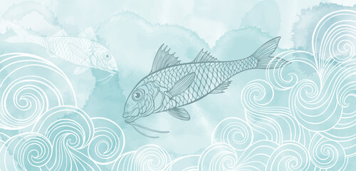 Art sea background vector. Luxury design with red mullets, waves and  watercolor splash. Template design for text, packaging, prints, layout decorative greeting card or invitation design background. 