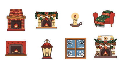 Cozy winter and Christmas icons featuring fireplaces, a chair, and a snowy window