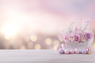 Basket of easter eggs with daisies on pastel background with lights