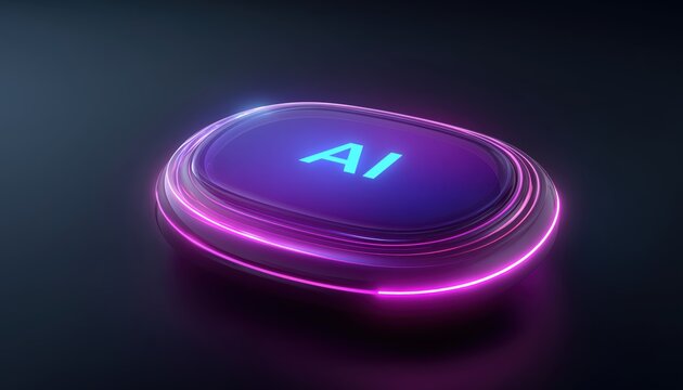 Futuristic Ai Chatbot App Interface Featuring Vibrant Gradient Abstract Circle And Neon Glow Button With Purple. Experience Artificial Intelligence In Holography.