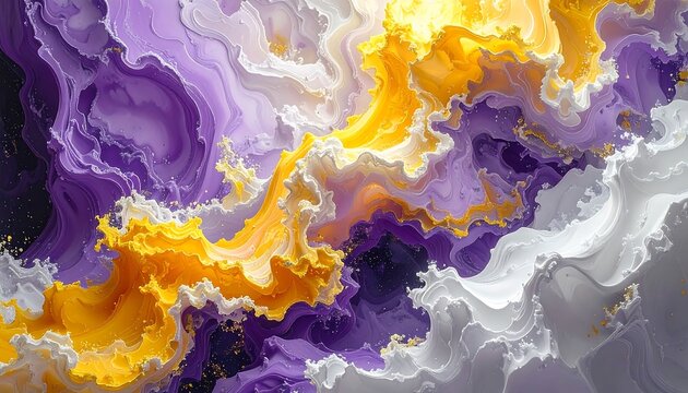 A vibrant abstract design features swirling shades of purple, yellow, and white, creating a dynamic and fluid visual texture - Powered by Adobe