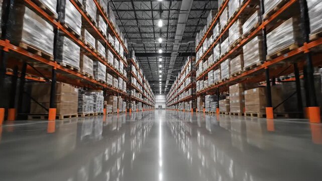 Industrial storage warehouse interior with rows of shelving and goods