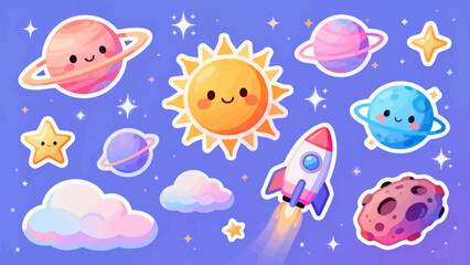 Cute cartoon space scene with planets sun rocket © Canis