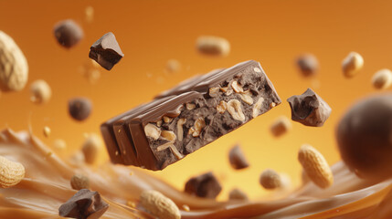 A chocolate bar with visible peanuts and caramel is suspended in mid-air, surrounded by fragments of chocolate and peanuts against an orange background, creating a dynamic culinary scene.