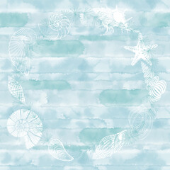 Round vector frame on a marine theme. Luxury design with shells, starfish, algae and place for text on blue watercolor. Template design for text, packaging and prints. 