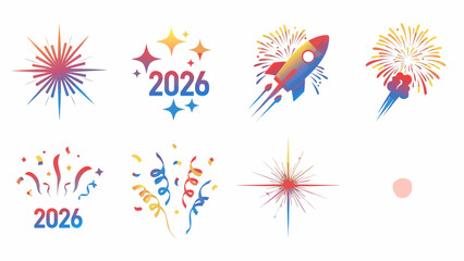 New Year 2026 celebration elements with fireworks, confetti, and rocket ship
