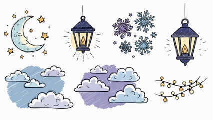 Whimsical doodle collection featuring moon, stars, clouds, snowflakes, lanterns, and string lights