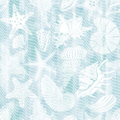  Seamless background with  shells, nautilus,  starfish on blue watercolor waves. Abstract marine background. Vector. Perfect for design templates, wallpaper, wrapping, fabric, print and textile. 