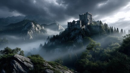 Fototapeta premium Mysterious abandoned castle on a hill surrounded by fog digital art fantasy landscape dramatic view enigmatic atmosphere